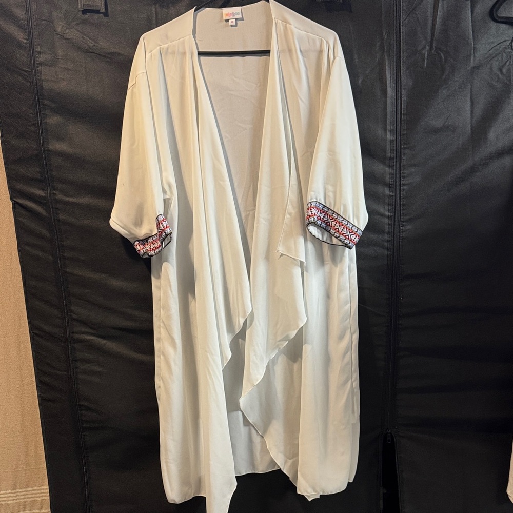 LuLaRoe Sarah-  White Cardigan Duster with Patterned Sleeves